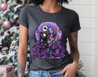 Nightmare Before Christmas Inspired Jack and Sally T-Shirt | Spooky Halloween Tee, Tim Burton Inspired Gift | Unisex Jersey Short Sleeve Tee