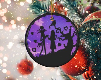 Jack & Sally Christmas Ornament - Nightmare Before Christmas Inspired - Halloween Christmas Decor - Ceramic Ornament, Round