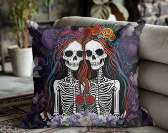 Skeleton Brides Pillow | Gothic Cottagecore | LGBTQ Pride | Lesbian Skeleton Couple | Gothic Home Decor Spun Polyester Square Pillow