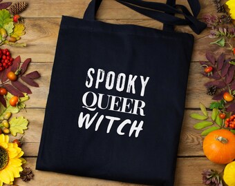 Spooky Queer Witch Tote Bag - Goth shopping bag, LGBTQ+ Pride, Witchy vibe bag | Cotton Canvas Tote Bag