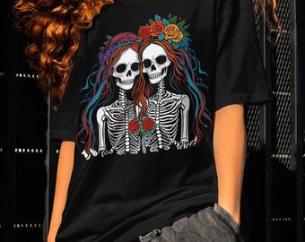 Lesbian Skeleton Couple T-Shirt - Art features Couple with  Rainbow Hair & Flower Crowns. LGBTQ+ Pride Goth | Unisex Jersey Short Sleeve Tee