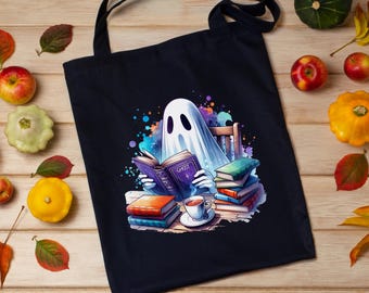 Whimsical Ghost Reader Tote | Books & Tea Lover, Halloween Bag, Watercolor Aesthetic, Goth fashion, Book tote, Cotton Canvas tote bag