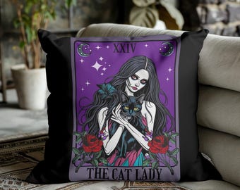 Throw Pillow - The Cat Lady Tarot Card, Gothic Home Decor Cushion, Pretty Zombie with Black cat, moon & stars | Spun Polyester Square Pillow