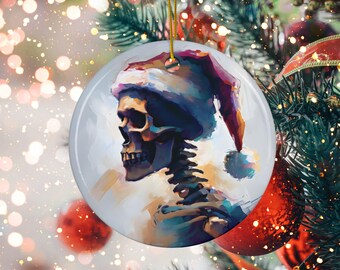 Santa Skeleton Ornament - Skeleton with Santa Hat - Watercolor Round Ceramic Christmas Ornament | Ceramic Ornament, round