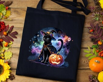 Witch Cat tote, Cute Black Cat with Witch Hat & Magic Cape, Cotton Canvas Tote Bag, Halloween tote, Spooky tote, Cat tote, Witchy tote bag