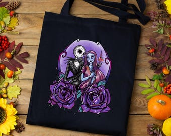 Nightmare Before Christmas Inspired Jack and Sally Tote Bag | Spooky Halloween Bag, Tim Burton Inspired Gift | Cotton Canvas Tote Bag