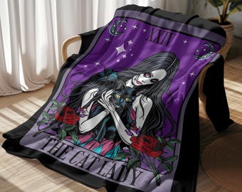The Cat Lady Tarot Card Blanket | Pretty Zombie with Black cat, moon & stars, Gothic Room Decor | Velveteen Plush Blanket