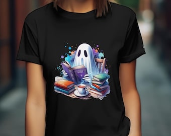 Ghost Reader t-shirt | Cozy Ghost with Books & Tea, Halloween Unisex Shirt, Halloween shirt | Unisex Jersey Short Sleeve Tee