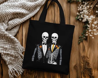 Skeleton Grooms Tote Bag | LGBTQ Pride | Gay Skeleton Couple | Cotton Canvas Tote Bag