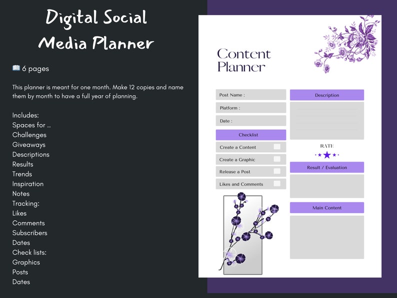 Purple Floral Social Media Planner, Digital image 2