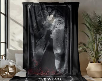 The Witch Tarot Card Blanket | Dark Fantasy Art with Moon, Bats, Mystical Vines, Soft & Cozy Occult Decor | Velveteen Plush Blanket