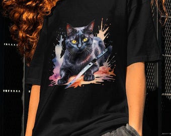 Stabby Kitty, Black Cat with Knife, Funny Halloween, Unisex Jersey Short Sleeve Tee, t-shirt, Halloween Apparel,  Funny Black Cat Gift