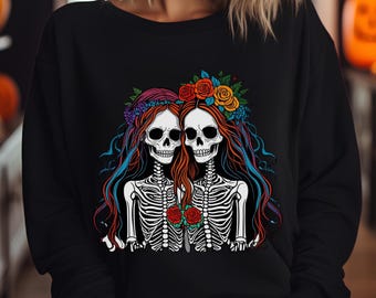 Lesbian Skeleton Couple Sweatshirt - Art Couple with Rainbow Hair & Flower Crowns - LGBTQ Pride | Unisex Heavy Blend™ Crewneck Sweatshirt