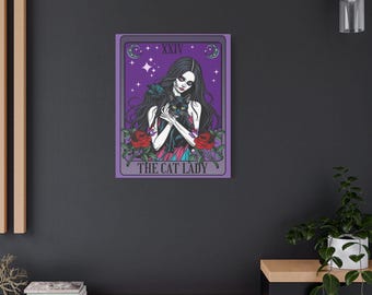 The Cat Lady Art Tarot Card | Gothic Zombie Woman with Black Cat, Moon & Star Accents, Red Roses Design | Matte Canvas, Stretched
