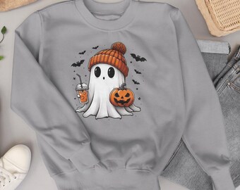 Pumpkin Spice Ghost Sweatshirt, Ghost with Orange Beanie,  Halloween Sweatshirt |  Unisex Heavy Blend™ Crewneck Sweatshirt