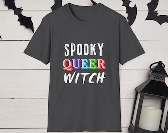 Rainbow Spooky Queer Witch T-Shirt - Gothic LGBTQ+ Pride, Witchy vibes tee - Unisex Softstyle T-Shirt