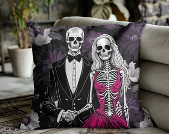 Romantic Skeleton Couple Throw Pillow | Gothic Decor | Skeleton Lovers | Cottage Core | Spun Polyester Square Pillow