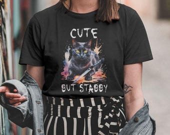 Cute but Stabby, Black Cat with Knife tee |  Unisex Jersey Short Sleeve Tee, Halloween Apparel, Funny Black Cat Gift , Halloween t-shirt