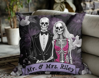 Personalized Romantic Skeleton Couple Throw Pillow | Gothc Decor | Skeleton Lovers | Cottage Core | Spun Polyester Square Pillow