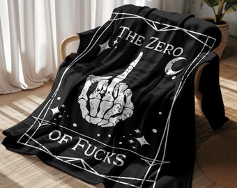 Tarot Card blanket - The Zero of F&*ks, Skeleton Hand middle finger, Halloween throw, Goth, Witch decor | Velveteen Plush Blanket