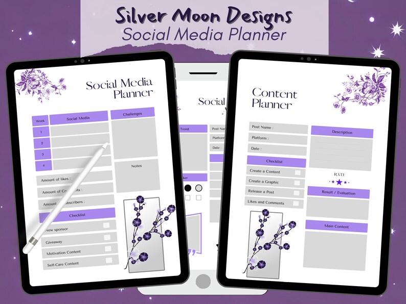 Purple Floral Social Media Planner, Digital image 1