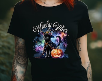 Witchy Vibes t-shirt, Unisex Jersey Short Sleeve Tee, Halloween shirt, Cat shirt, Halloween cat t shirt
