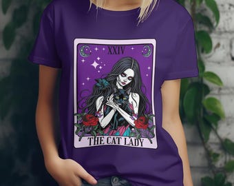 The Cat Lady Tarot Card T-Shirt - Art Design with Pretty Zombie, Black Cat, Purple Moon & Stars, Red Roses | Unisex Jersey Short Sleeve Tee