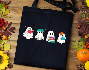 Ghosts Reading Books Tote | Cartoon Ghosts Tote | Fantasy Book Lovers Tote | Halloween Tote | Bookish Tote | Cotton Canvas Tote Bag
