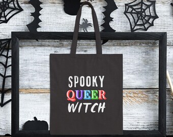 Rainbow Spooky Queer Witch Tote Bag - Gothic LGBTQ+ Pride, Withy vibe bag | Cotton Canvas Tote Bag