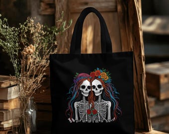 Lesbian Skeleton Couple Tote Bag - Art features Couple with Rainbow Hair & Flower Crowns - LGBTQ Pride Gothic | Cotton Canvas Tote Bag