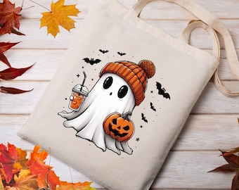 Pumpkin Spice Ghost Tote, Ghost with Orange Beanie & Pumpkin Spice coffee, Halloween Tote, Halloween bag | Cotton Canvas Tote Bag