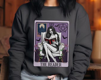 The Reader Tarot Card Sweatshirt - Art Design with Pretty Zombie reading a book, with Pentacle | Unisex Heavy Blend™ Crewneck Sweatshirt