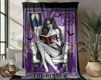 The Reader Tarot Card Blanket | Pretty Zombie with Flowing Black Hair, Gothic Room Decor, Tarot blanket | Velveteen Plush Blanket