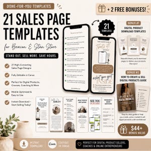 May include: A digital marketing bundle featuring 21 sales page templates for Beacon and Stan stores. The graphic displays mobile phone mockups, bonus digital product download templates, and a guide on how to create and sell digital products.