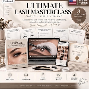 May include: Ultimate Lash Masterclass training kit featuring a manual, laptop displaying demo videos, smartphone with content photos, printed forms, and a certificate of completion. Includes 30+ demo videos, 50+ page manual, and business training materials.