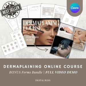 May include: An advertisement for a Dermaplaning online course. The image features a laptop displaying the course title and a woman's face. Accompanying materials include forms, a manual, and a video demo. The text reads "Best Seller" and "Bonus Forms Bundle".