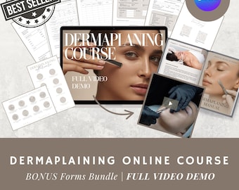 Może przedstawiać: Reklama kursu online Dermaplaning. Obraz przedstawia laptop z tytułem kursu i twarzą kobiety. Materiały towarzyszące obejmują formularze, podręcznik i demo wideo. Tekst brzmi "Best Seller" i "Bonus Forms Bundle".