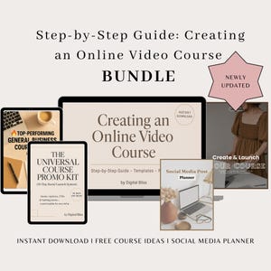 Puede incluir: Un paquete de productos digitales para crear un curso de video en línea. Incluye una computadora portátil, tabletas y un planificador, con el texto "Creando un curso de video en línea" y "Planificador de publicaciones en redes sociales".
