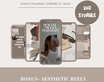 Könnte beinhalten: Ästhetische Instagram Stories Vorlage mit dem Text "Aesthetic Instagram Stories" und "Instant Download | Editable in Canva". Das Bild zeigt fünf Smartphone-Mockups mit verschiedenen Designs, darunter der Text "Social Media Mastery" und "250 Stories".