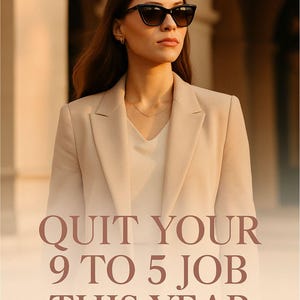 Puede incluir: Una mujer con gafas de sol y una blazer beige. El texto "QUIT YOUR 9 TO 5 JOB THIS YEAR" se muestra en letras grandes. Debajo está "Digital Bliss | Your Complete Action Plan".