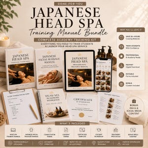 Peut inclure: Un ensemble de manuels de formation pour spa capillaire japonais comprenant plusieurs manuels imprimés, un cahier à spirales, un formulaire de consultation client, un certificat et un smartphone affichant du contenu numérique, en beige et brun.