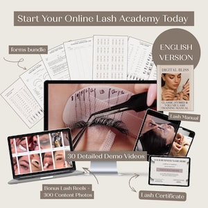 Op de afbeelding: Een advertentie voor een online wimperacademie. De afbeelding toont een computerscherm met wimperextensions die worden aangebracht, een laptop, tablets en documenten. Tekst bevat "Start Your Online Lash Academy Today" en "30 Detailed Demo Videos".