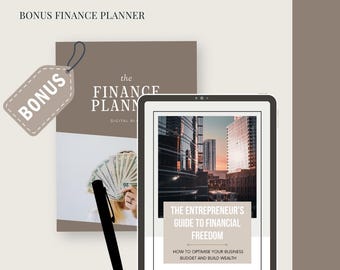 Può includere: Immagine promozionale di un ebook di finanza per imprenditori e un pianificatore finanziario bonus. L'ebook è visualizzato su un tablet, che mostra uno skyline. Sono presenti anche un pianificatore fisico e una penna.
