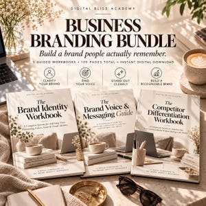 Pode incluir: Um pacote de branding empresarial com três livros de exercícios intitulados The Brand Identity Workbook, The Brand Voice & Messaging Guide e The Competitor Differentiation Workbook. O conjunto tem 120 páginas e é um download digital.