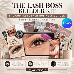 May include: The Lash Boss Builder Kit digital product bundle features multiple guides including Lash Styling & Mapping, Lash Extension Training, and Lash Marketing. The display includes a tablet showing an eye with lash extensions and a smartphone.