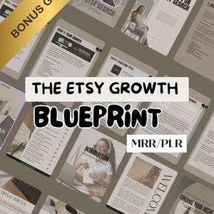 Op de afbeelding: De Etsy Growth Blueprint, een digitale gids met tips en trucs voor Etsy-verkopers. De cover toont de titel in grote, vette letters, omringd door pagina's met tekst en afbeeldingen. Een gouden banner leest "BONUS GIFT".