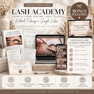 May include: A digital lash academy course kit featuring a student manual, lash map guide, application checklist, and certificate of completion. Includes a laptop and smartphone displaying video tutorials, plus a bonus curriculum and instructional forms.