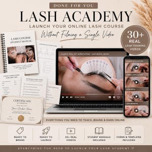 May include: A digital lash academy course kit featuring a student manual, client forms, a certificate of completion, and a laptop displaying a classic full set application video. A smartphone shows a menu of lash training videos for students.