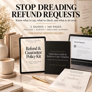 May include: A digital product seller kit featuring a tablet displaying the Refund & Guarantee Policy Kit, a black book titled Quick-Start Guide & Ready-to-Copy Templates, and a printed Refund Request Decision Tree document with a gold pen.