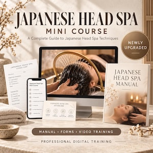 Könnte beinhalten: Ein digitales Trainingsset für einen japanischen Kopf-Spa-Minikurs mit Handbuch, Kursformularen, Nachsorgekarte und Videotraining auf Computerbildschirm und Smartphone. Die Materialien enthalten Texttitel und Anleitungen.